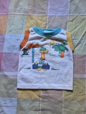 Giraffe Beach Graphic Tank Top - White with Blue, Orange & Yellow